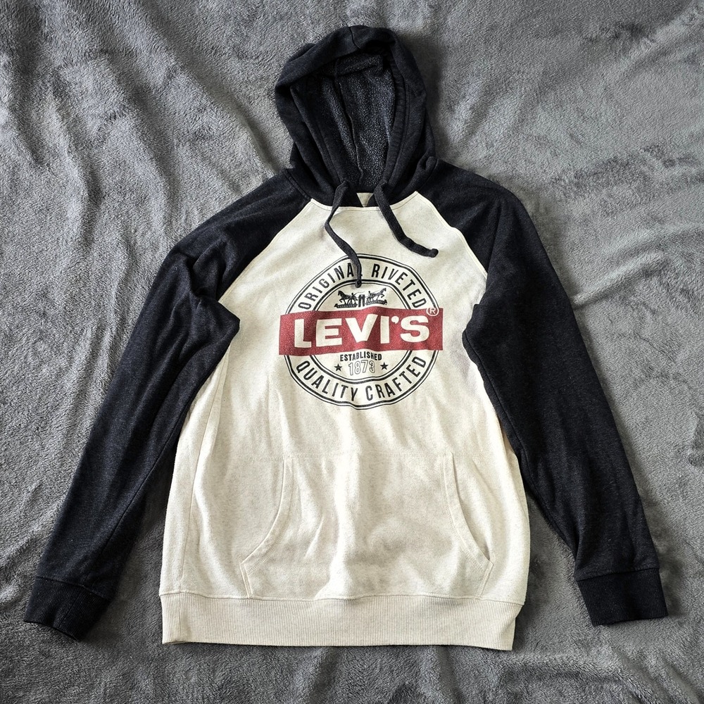 Levis Mens Hoodie Medium‎ Gray White Raglan Graphic Logo Sweatshirt 3LGLK2080